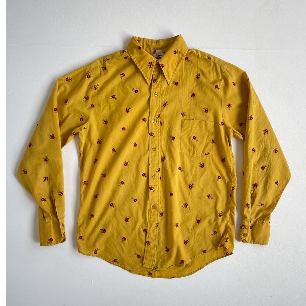 Vtg 70s Yellow Ladybug Penneys Button Up Long Sleeve Shirt GROOVY GROUP / Retro